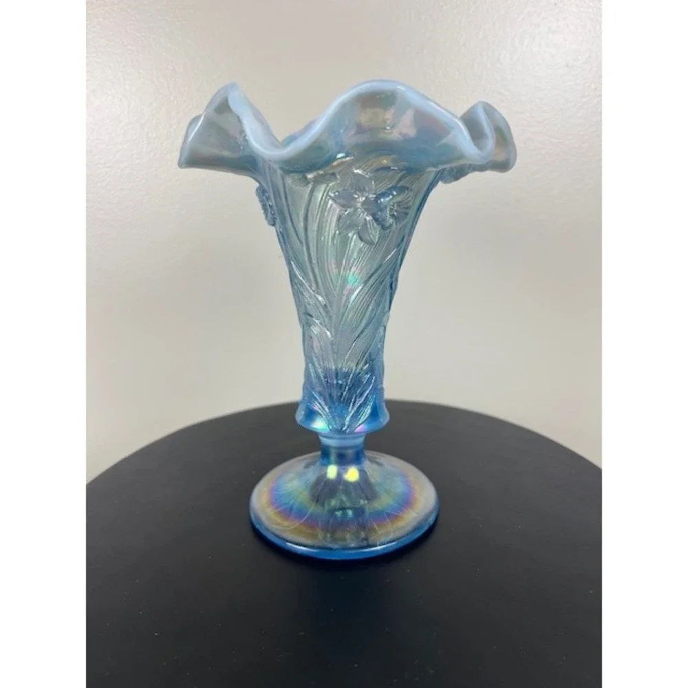 Fenton Ice Blue Iridescent Vase Daffodils Ruffled Edge 7-8